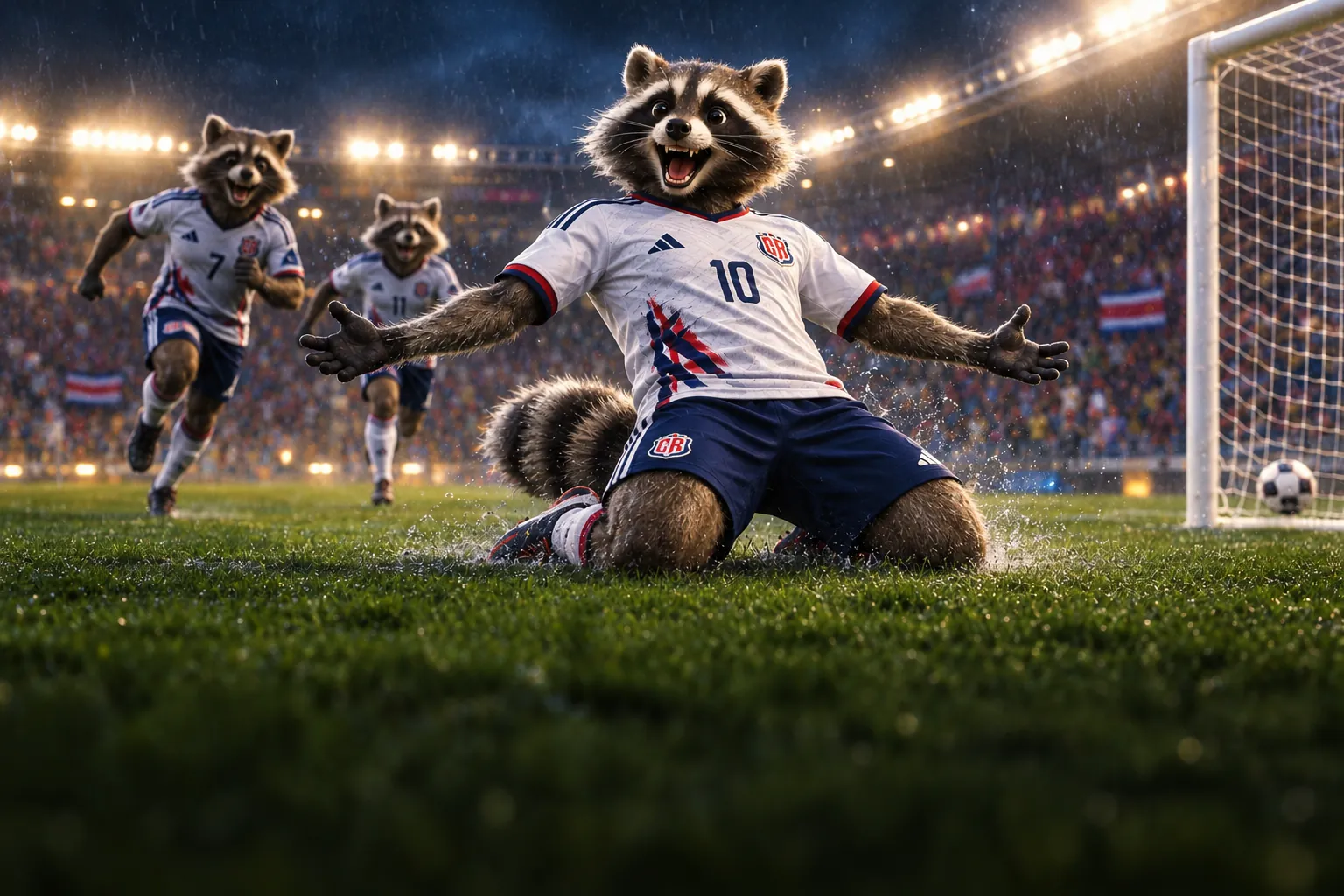 Un mapache delantero celebra un gol de rodillas sobre el césped mojado de un estadio iluminado