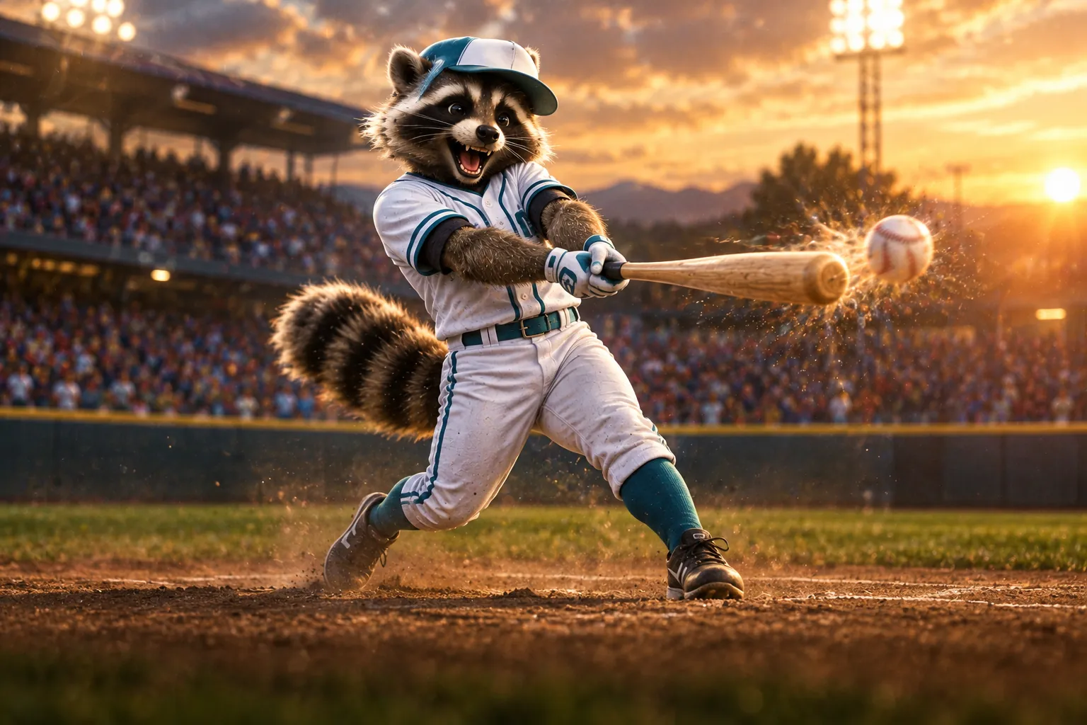Un mapache bateador conecta la pelota en un estadio de béisbol al atardecer
