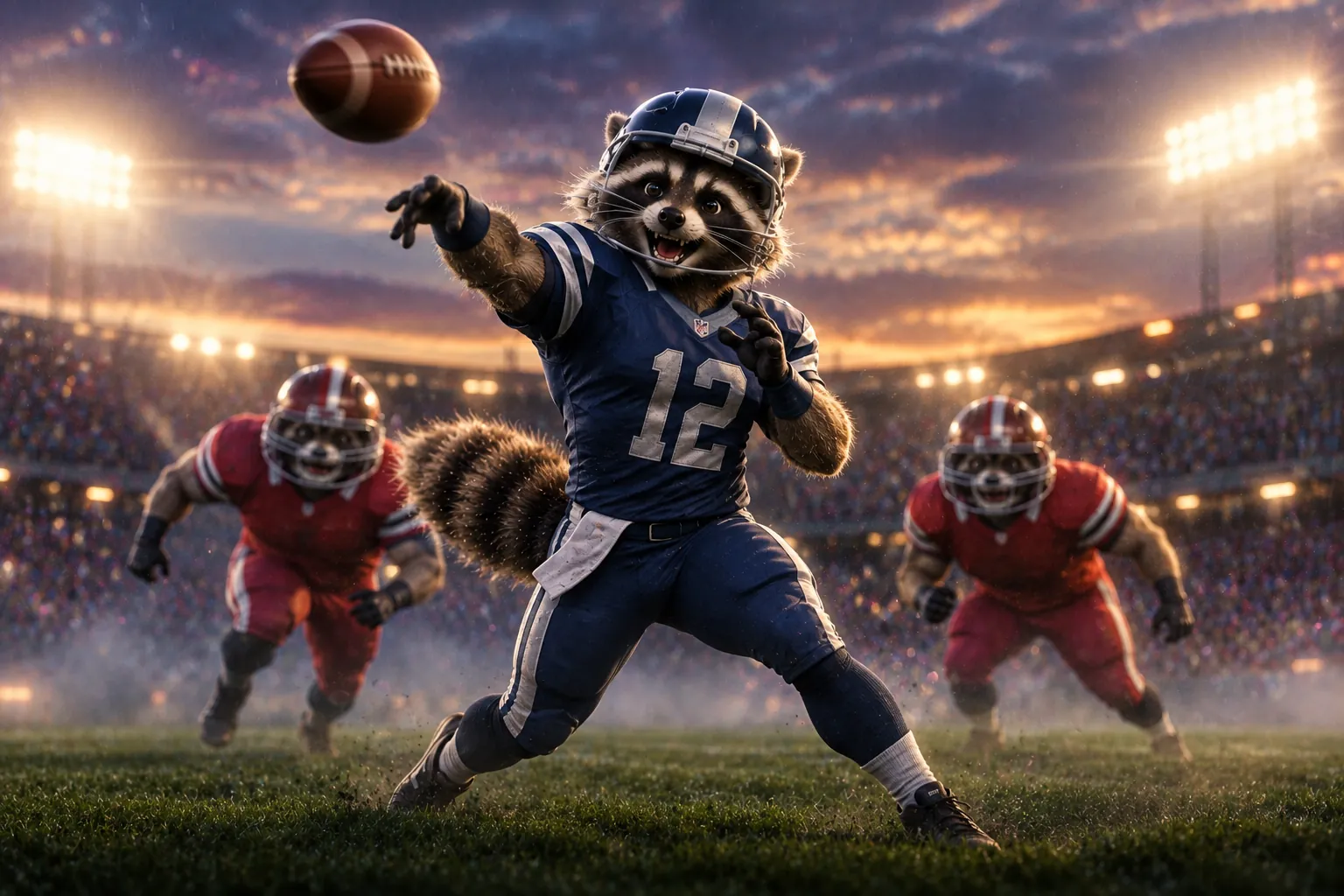 Un mapache mariscal de campo lanza un pase en un estadio de fútbol americano al atardecer